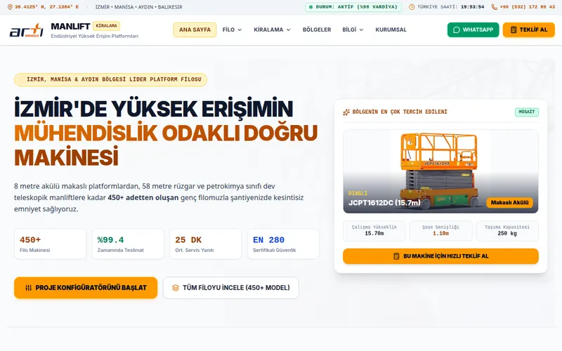 İzmir Manlift Kiralama - 8m-58m Sertifikalı Platform Filosu